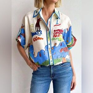 Linen Graffiti Shirt, Single-Breasted Multi-Button